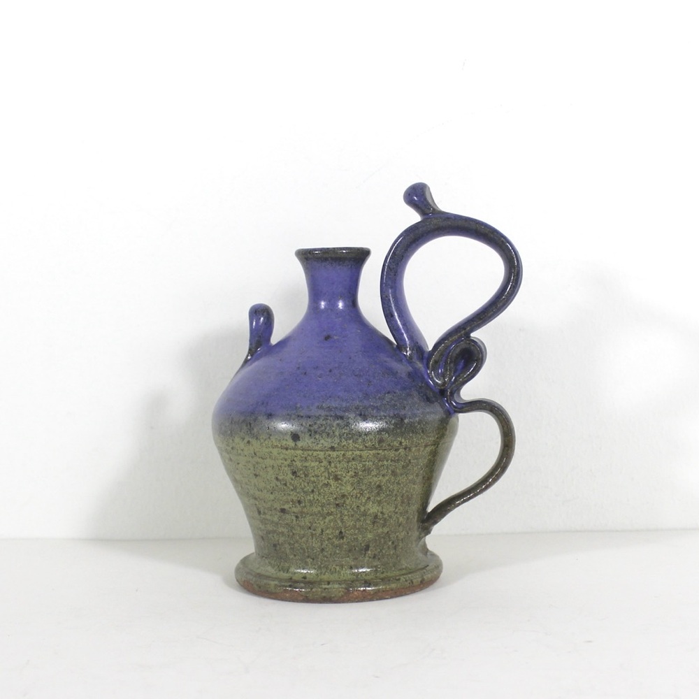 Vintage Signed Studio Pottery Vase Blue Organic Form Handle Speckled Stoneware